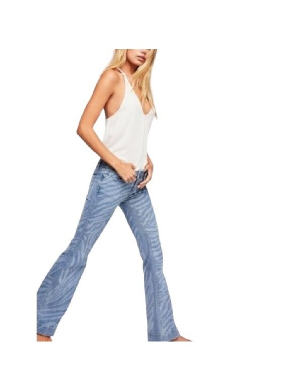 Free People Blue Low Tide Zebra Print Flare Jeans